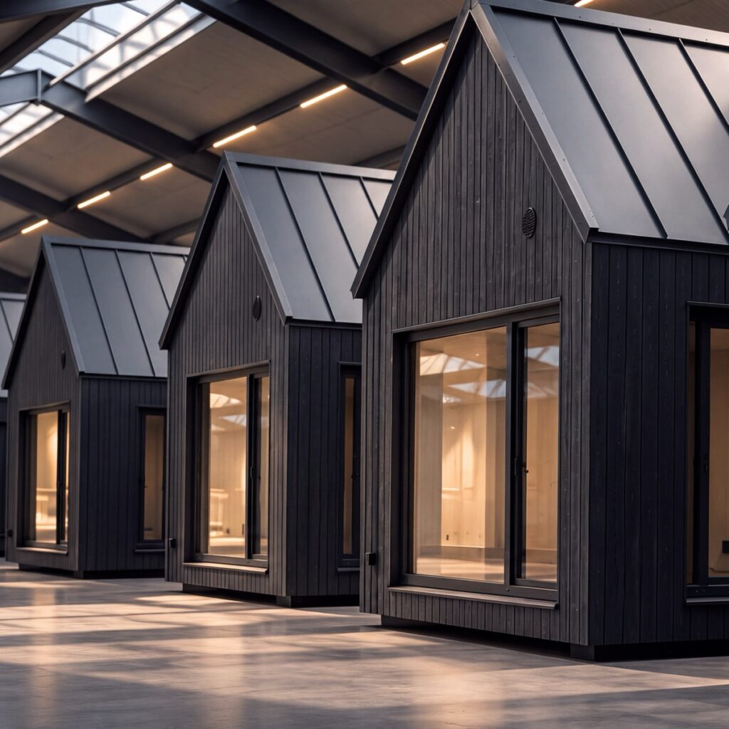 Finished MyCabin homes standing ready inside the Jelgava factory hall